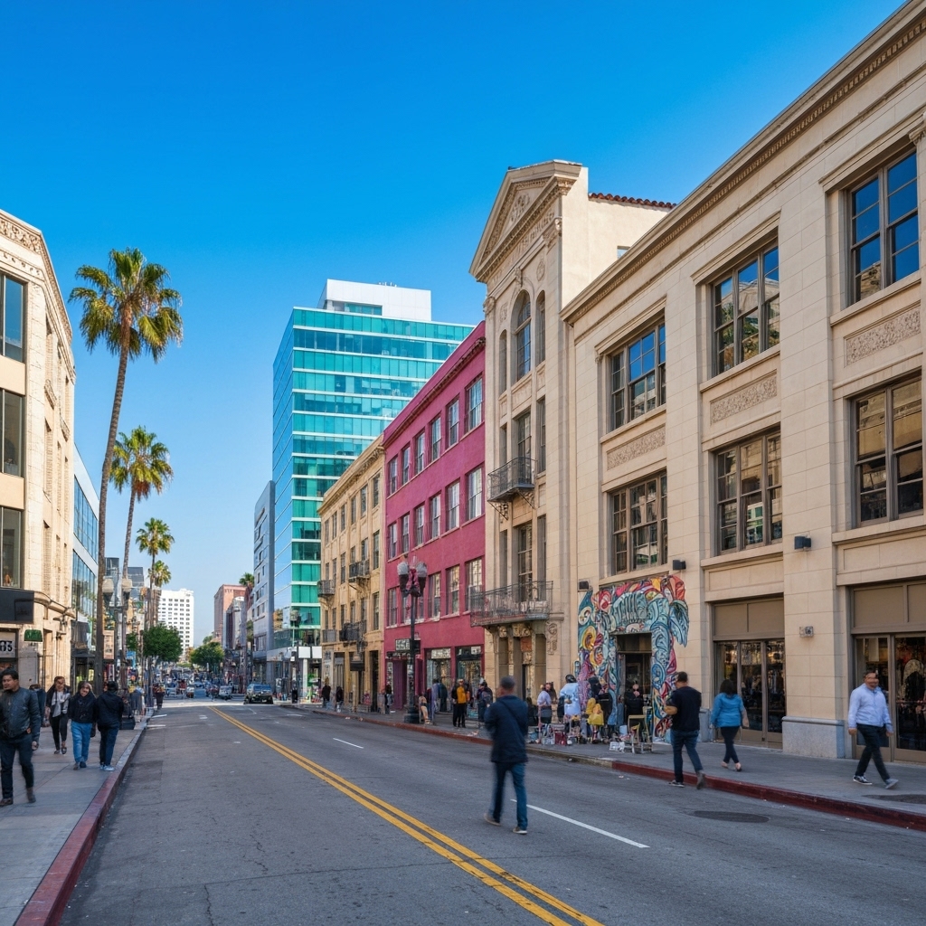 Busy fashion district street in Los Angeles with palm trees and diverse boutiques
