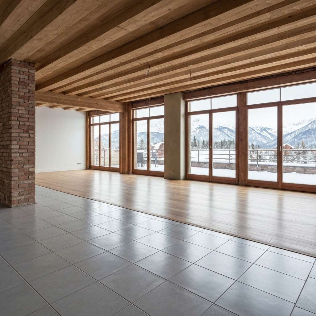 Une photo réaliste d'un salon moderne en cours de rénovation avec un sol en carrelage à moitié posé, montrant le contraste avant-après, lumière naturelle, style suisse contemporain.