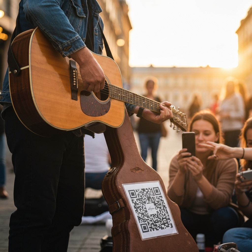 A street musician playing guitar with a visible QR code sign on his guitar case, audience members scanning it with smartphones A street musician playing guitar with a visible QR code sign on his guitar case, audience members scanning it with smartphones