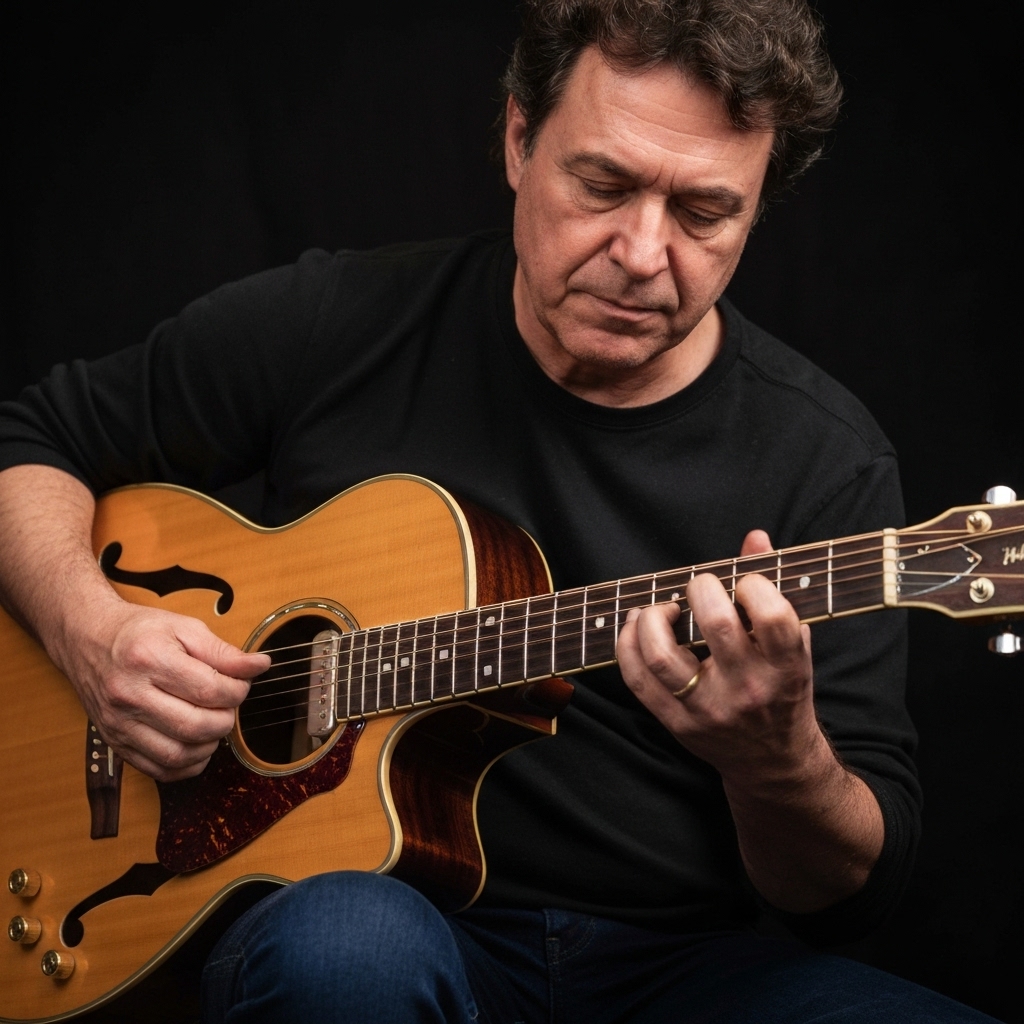 A realistic close-up of a musician holding a guitar with a sticker containing a QR code on the body of the instrument, in a dimly lit backstage environment
