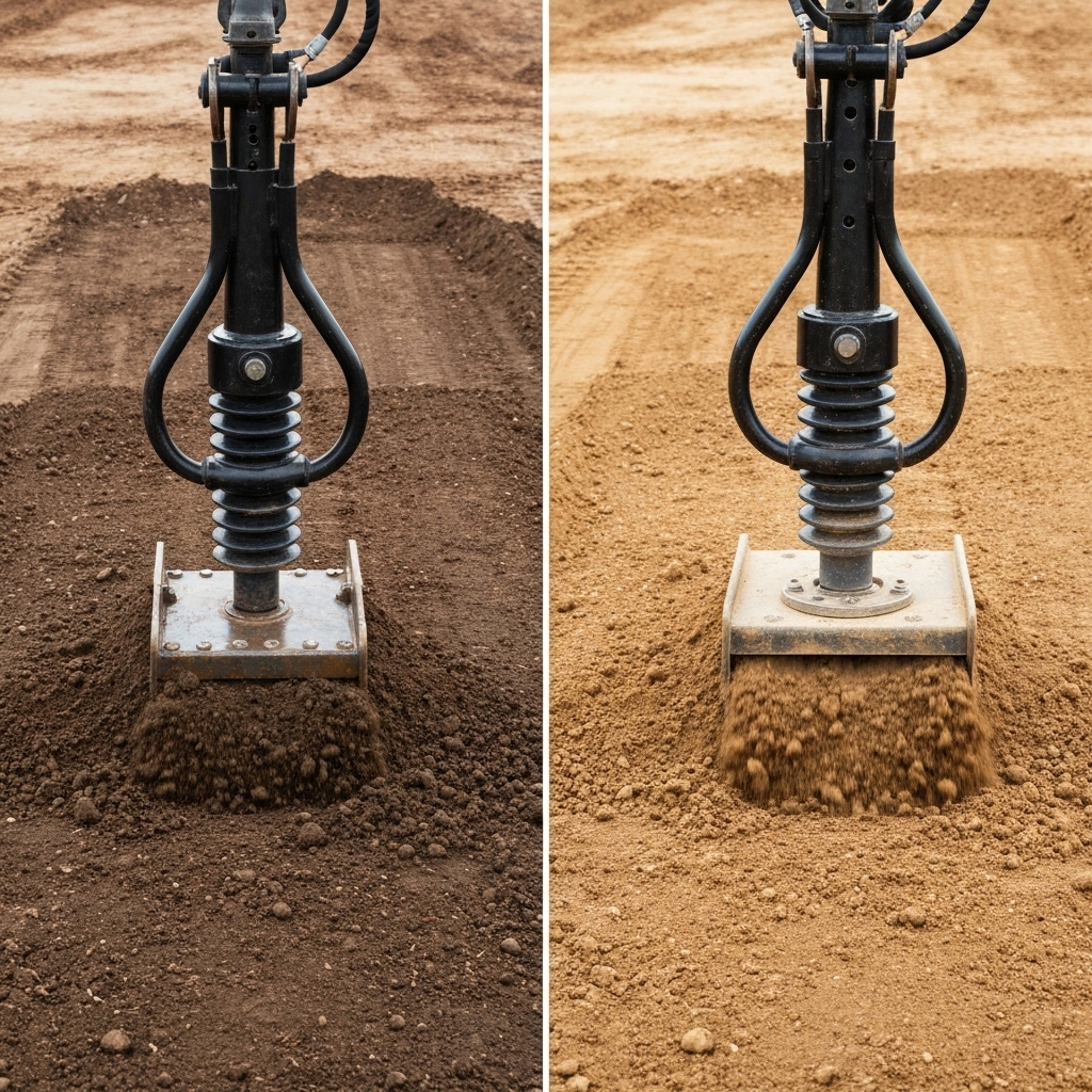 Comparaison visuelle entre une pilonneuse (grenouille) et une plaque vibrante sur un sol en terre battue