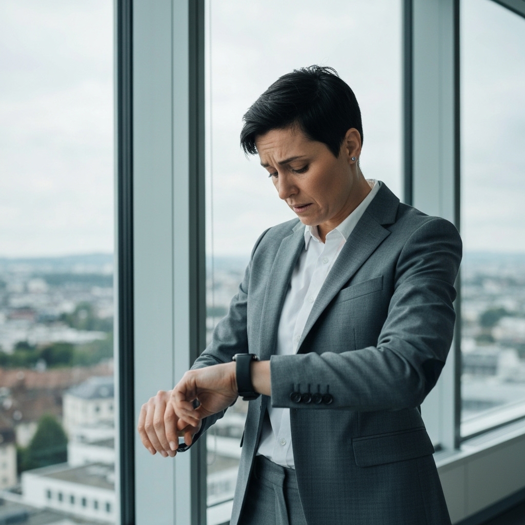 A busy professional looking stressed checking smart watch in an office setting with Lausanne view through window