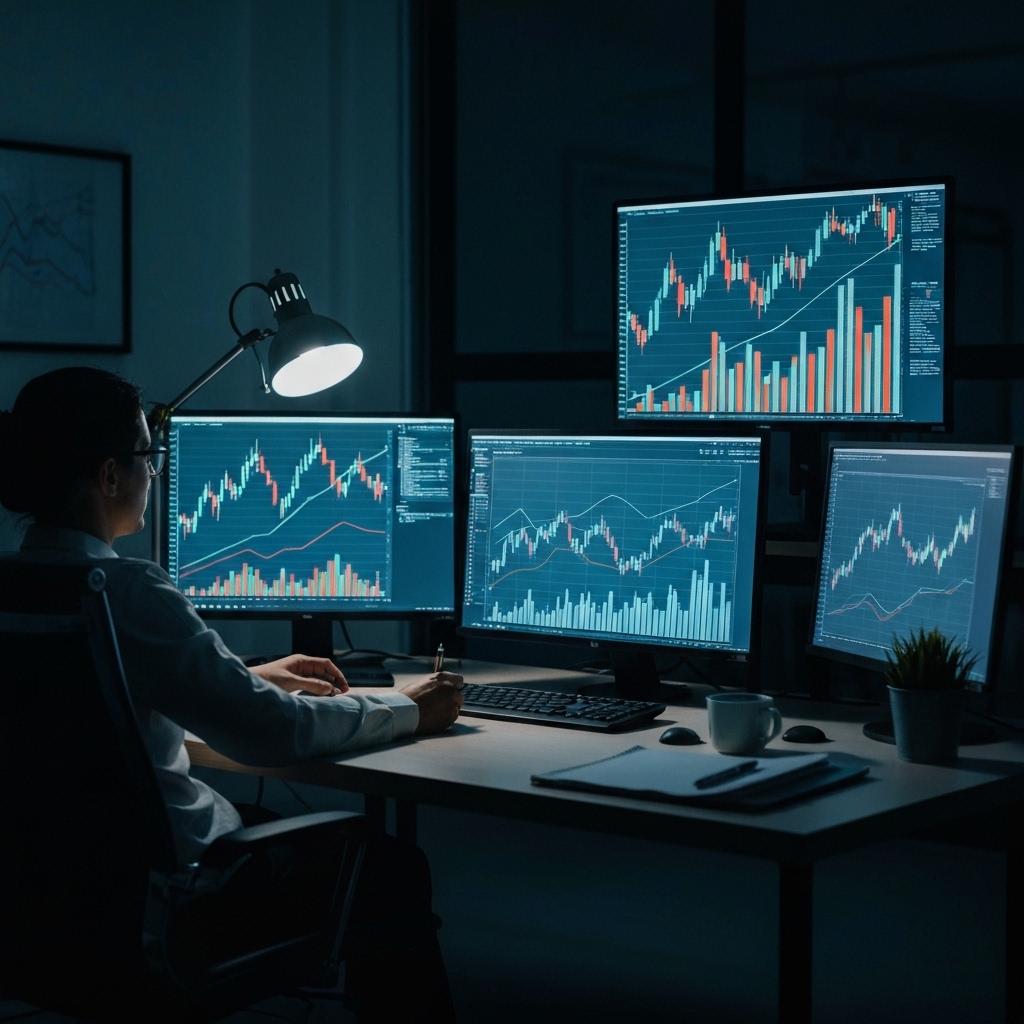 Entrepreneur looking stressed at financial charts late at night in a modern office