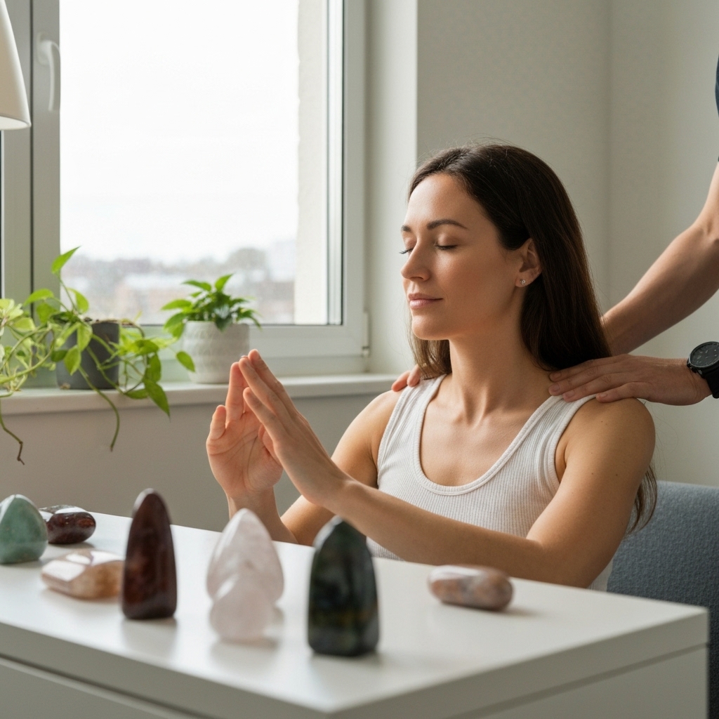 Femme sereine recevant un soin énergétique dans un cabinet lumineux avec des pierres et des plantes