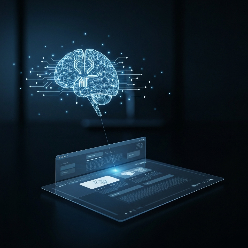 Future technology concept with glowing AI brain connection to website interface