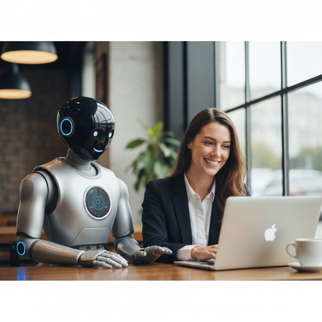 A friendly robot assistant helping a smiling freelancer build a website on a laptop in a cozy coffee shop