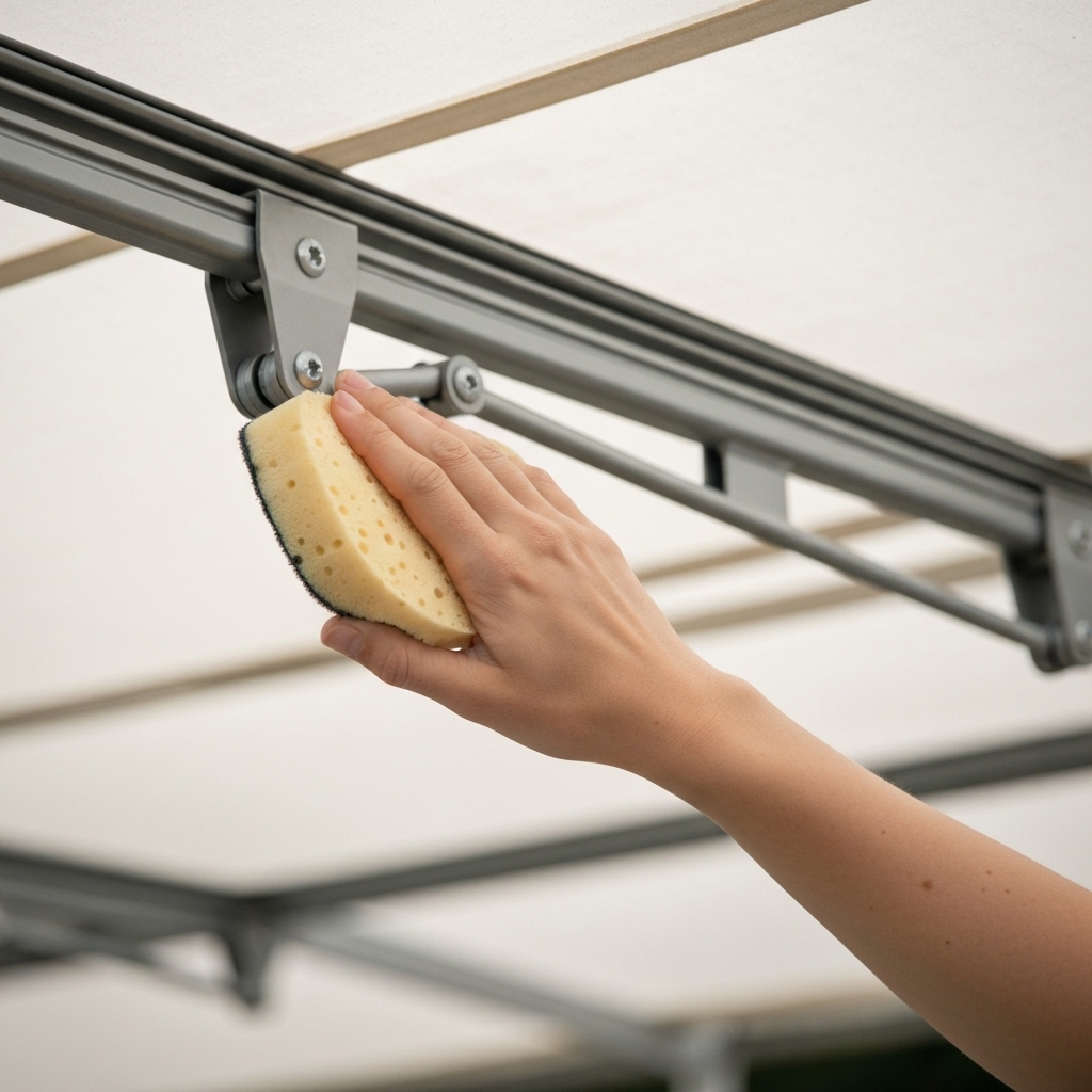 Close-up of a hand using a soft sponge to clean the articulated arm of an outdoor awning structure