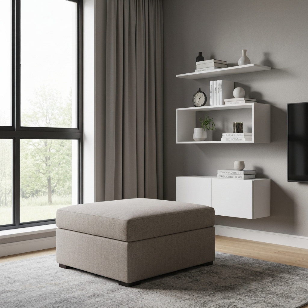 A cozy living room showing a multifunctional ottoman and smart shelving, blending storage with modern decor