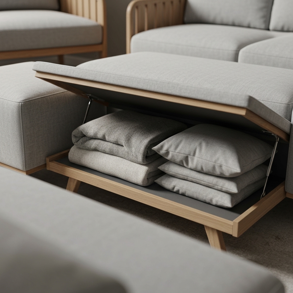 Modern ottoman with hidden storage compartment open, showing blankets inside