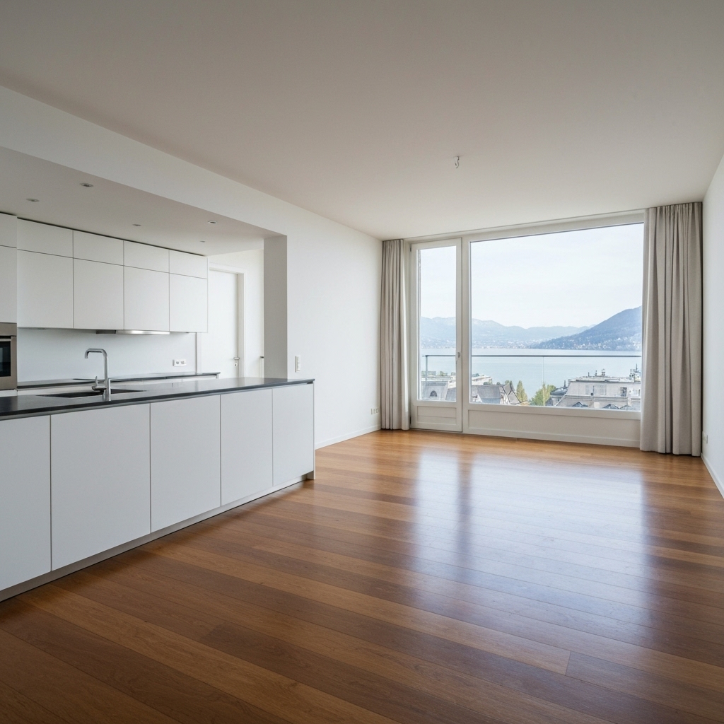 Appartement vide et lumineux à Nyon avec un sol en parquet fraîchement nettoyé, vue sur le lac Léman par la fenêtre