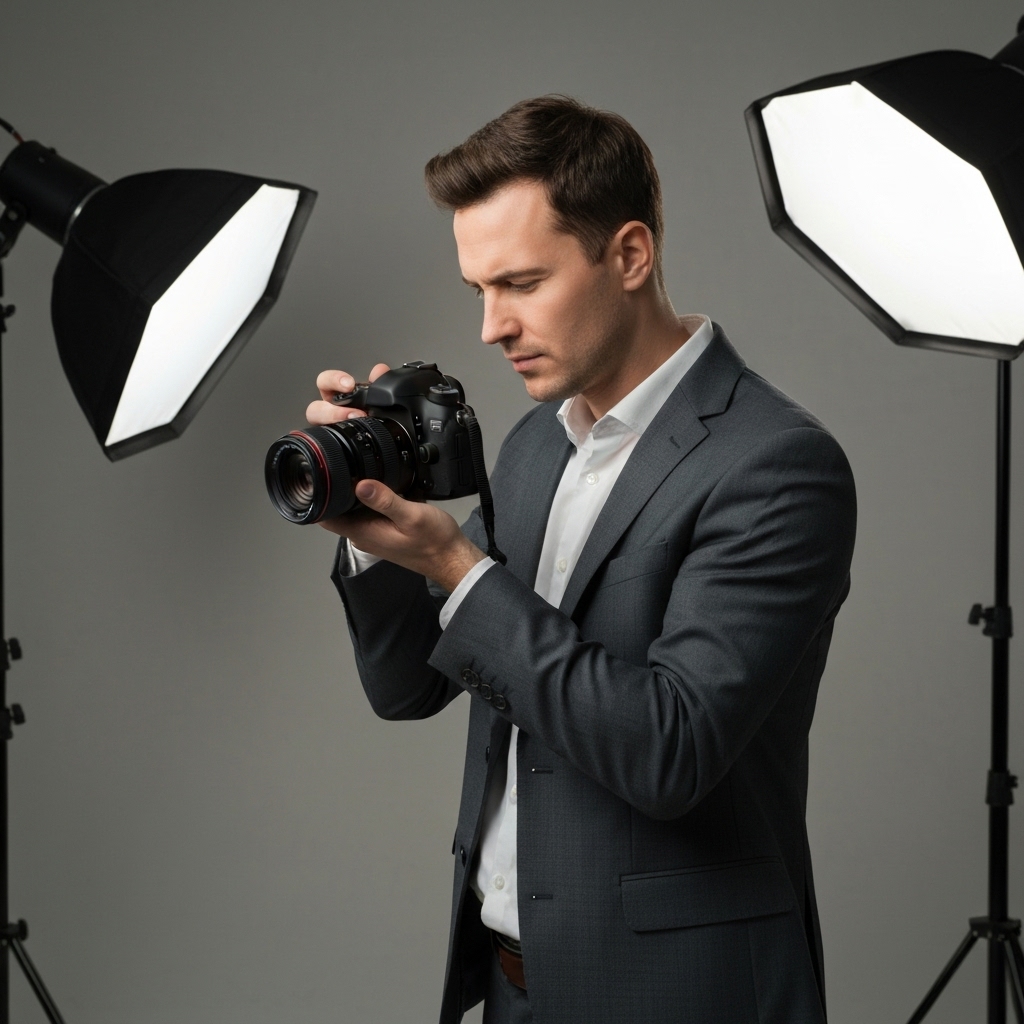 Professional photographer actively adjusting lighting for a client during a headshot session in a studio