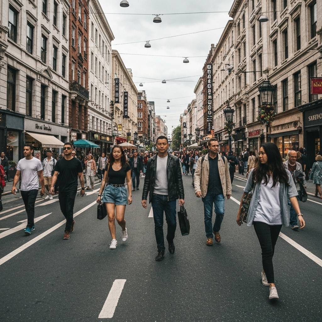A panoramic view of a busy fashion district street in Los Angeles with colorful clothing racks