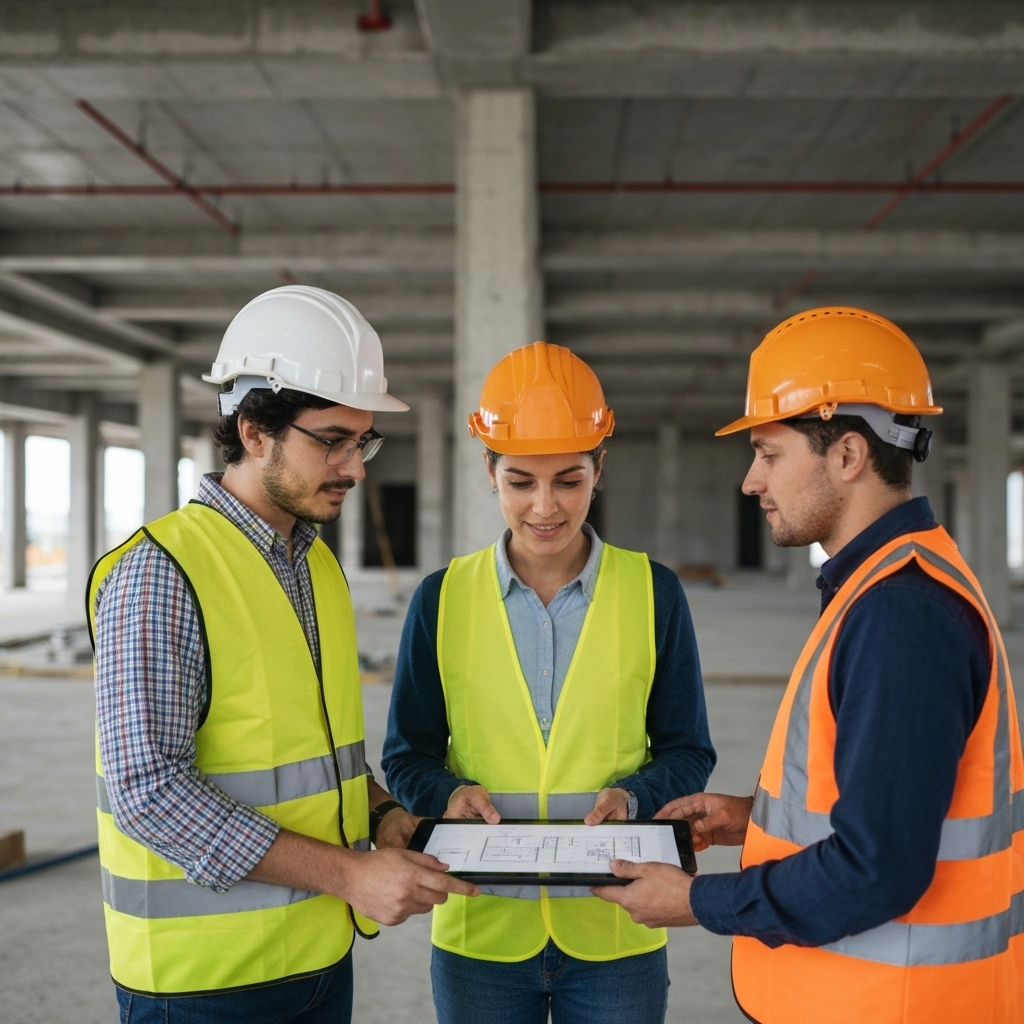 Team of renovation architects looking at blueprints on a tablet inside a building site