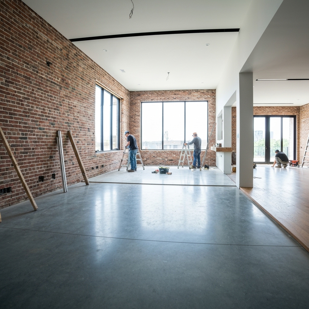 Modern luxury living room renovation in progress showing structural beams and new insulation layers