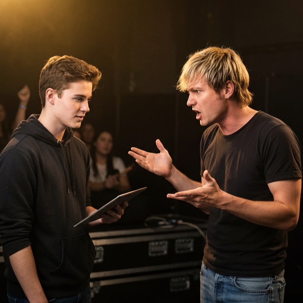 A frustrated musician trying to explain multiple social media handles to a fan after a show vs a musician showing a single QR code