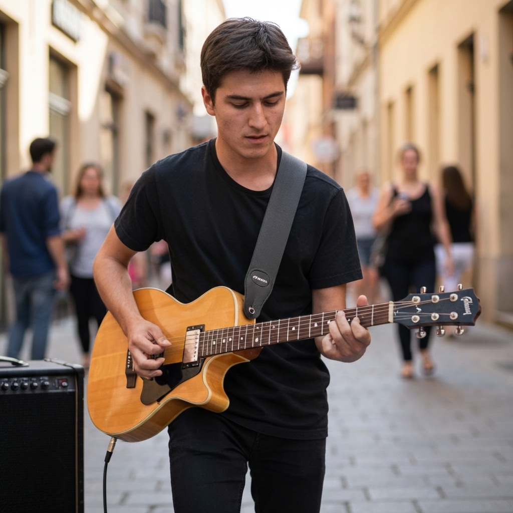 Street musician performing with a visible QR code sign on their guitar case