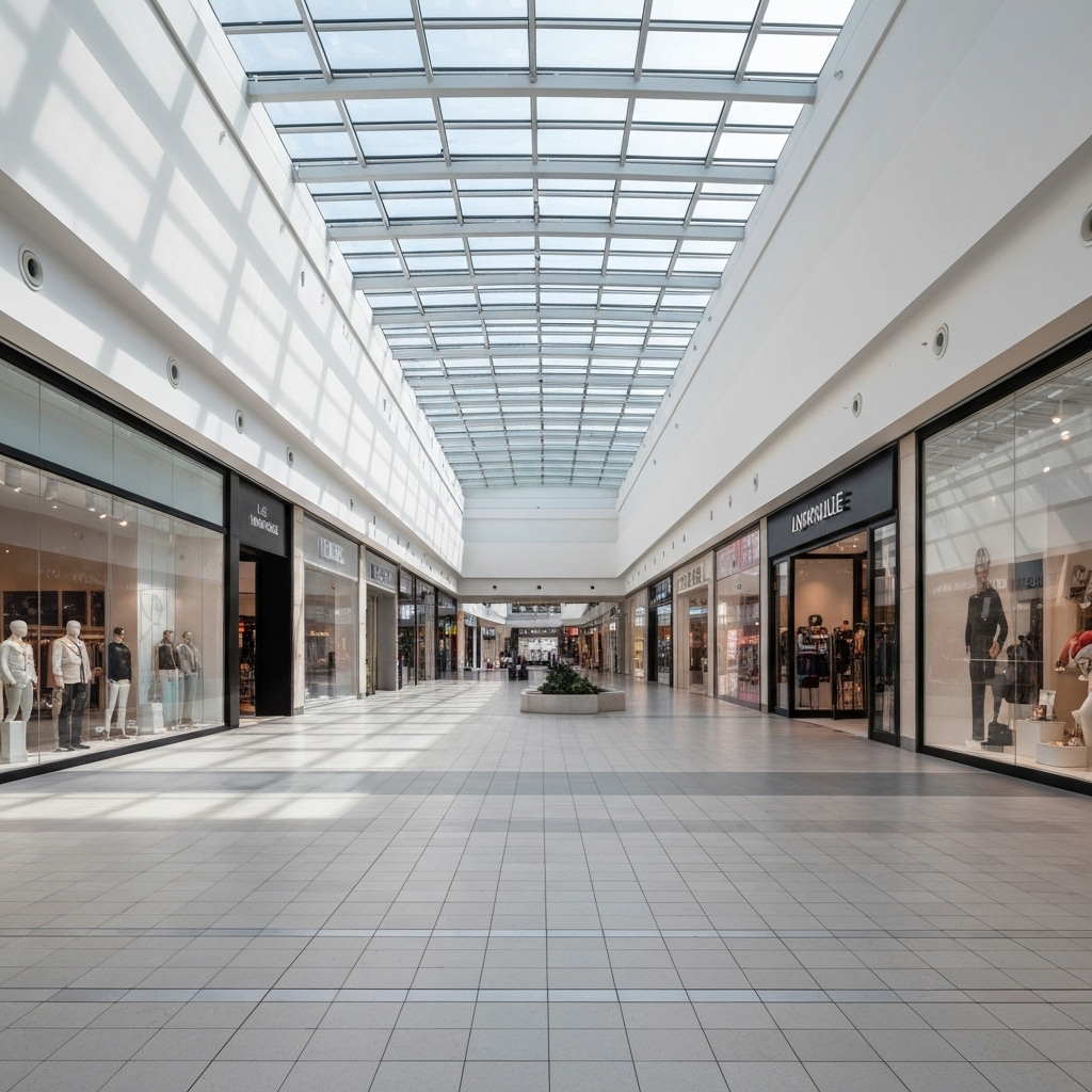 Realistic photo of a modern shopping mall atrium with natural light filtering through a glass roof, showcasing clean lines and vibrant storefronts, photorealistic style