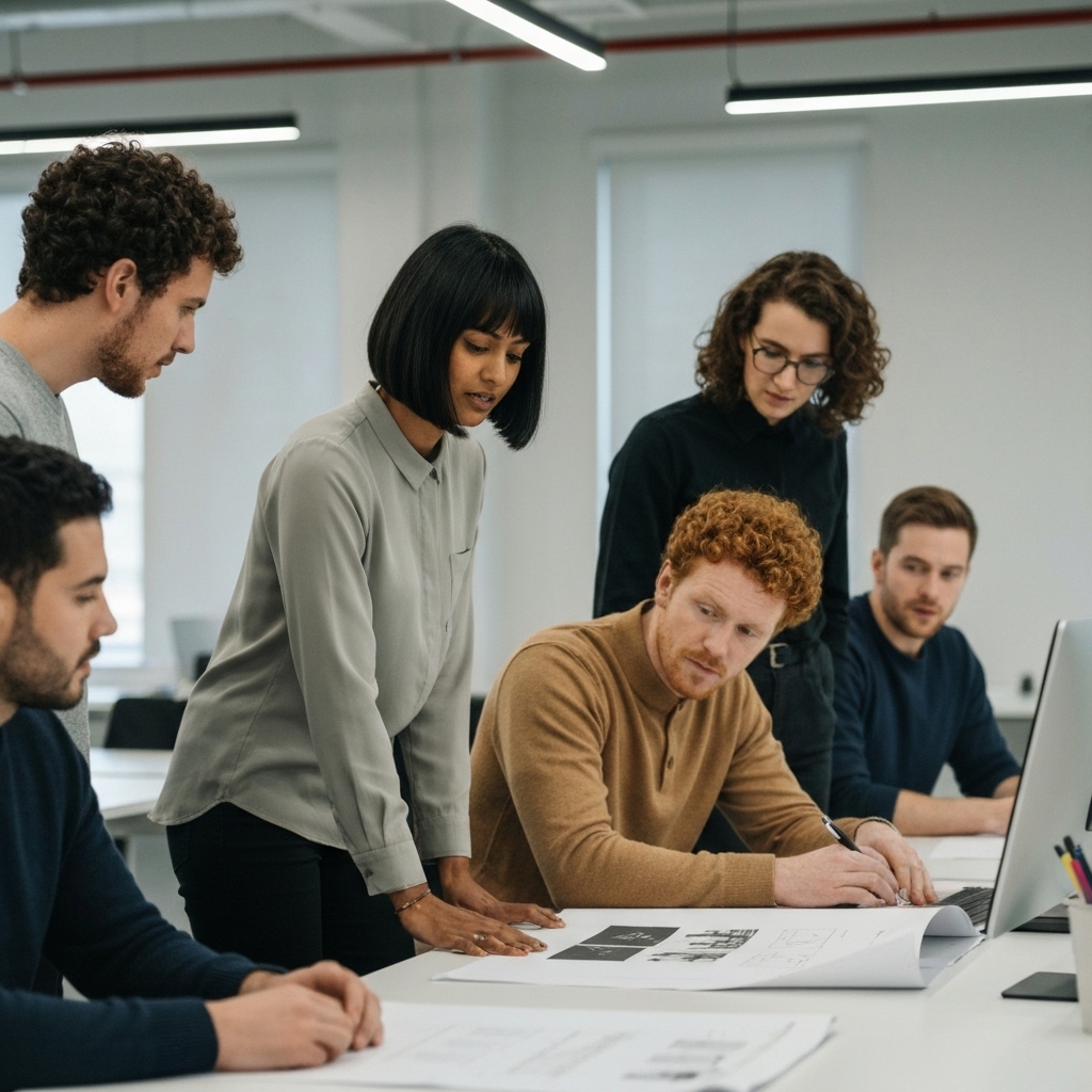 Team reviewing a moodboard with color palettes and reference photos on a tablet
