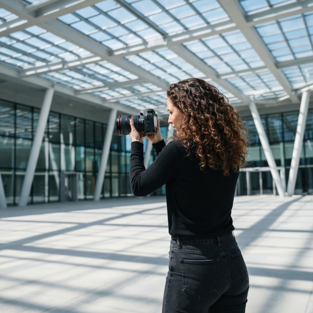 Professional photographer taking a low-angle shot of a modern shopping mall atrium with natural light filtering through the glass roof, highlighting the architecture