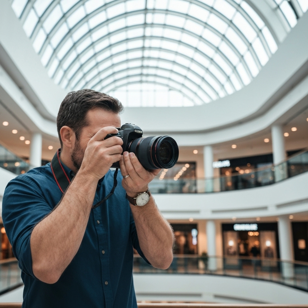 Professional photographer taking a picture of a modern shopping mall atrium with natural light