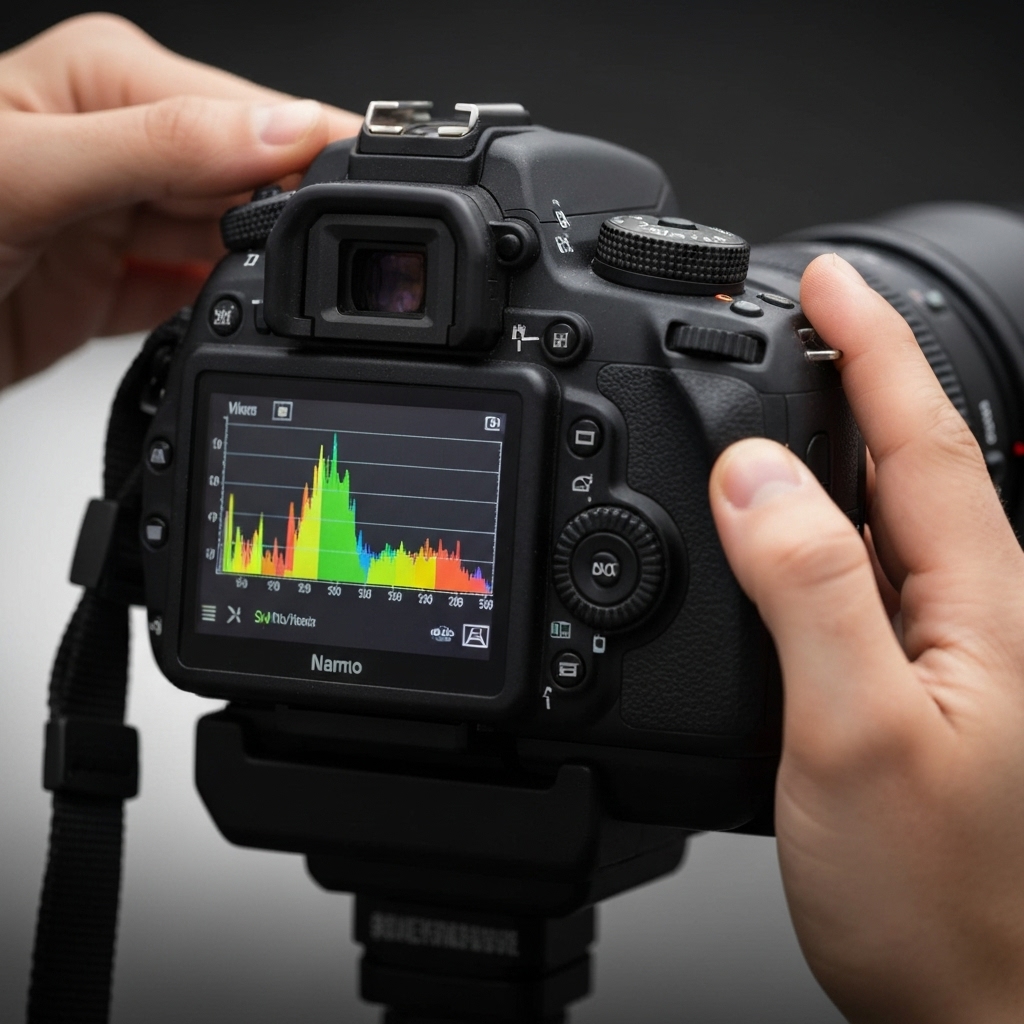 Photographer adjusting manual settings on a professional DSLR camera screen showing histogram