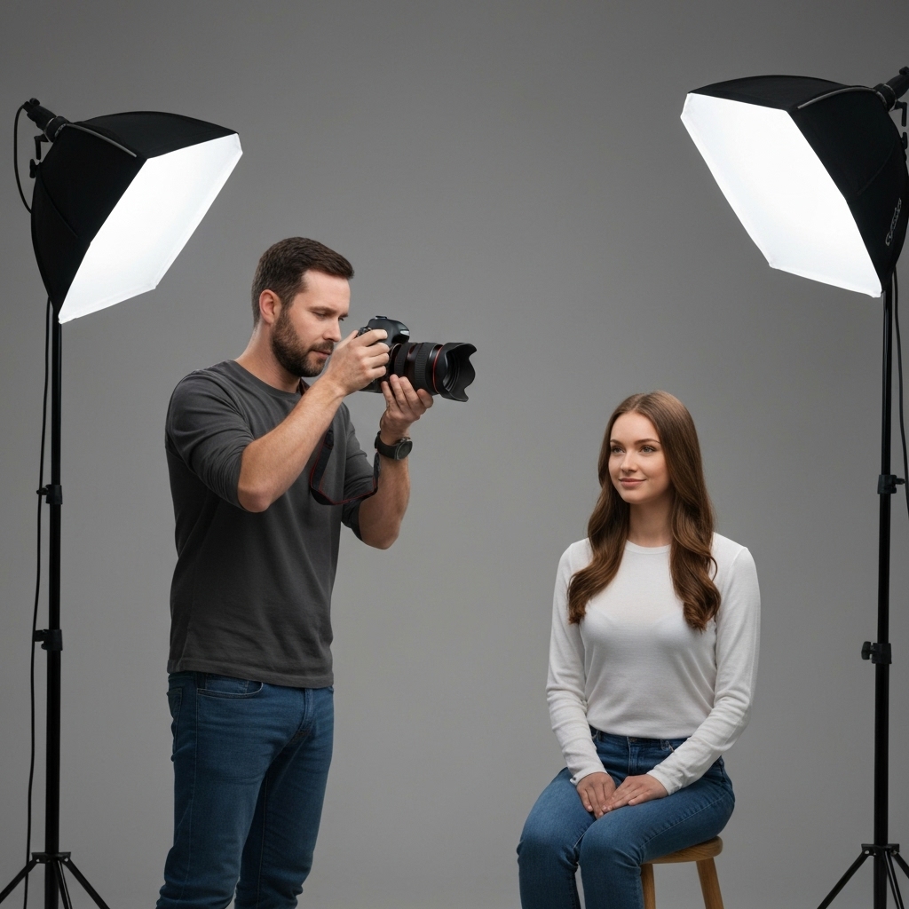 A professional photographer taking a compliant passport photo in a studio with proper lighting setup
