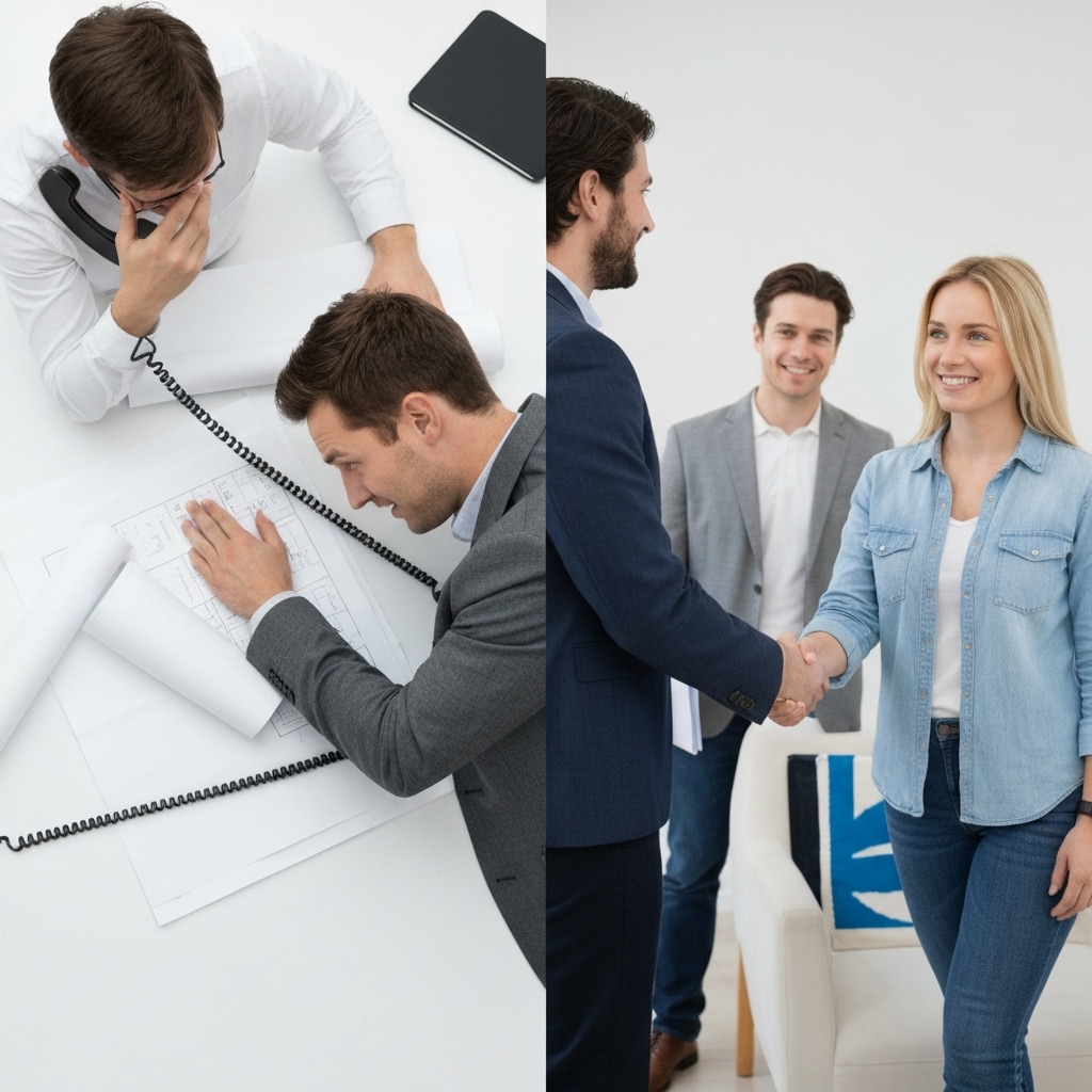 A stressed homeowner surrounded by multiple phone calls and blueprints vs a relaxed owner shaking hands with a general contractor