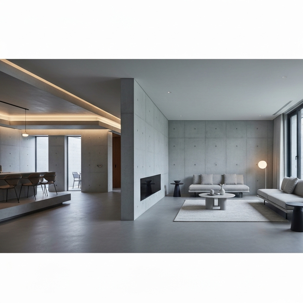Modern interior design living room with mineral concrete walls and beautiful lighting setup