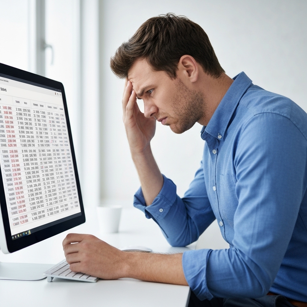 A frustrated business owner looking at a complex pricing table on a computer screen compared to a simple solution