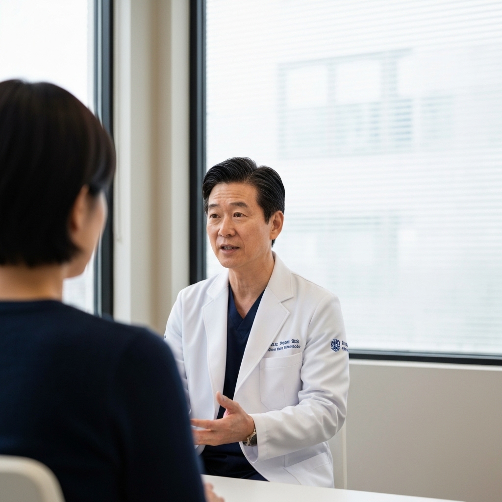 A professional osteopath conducting a video consultation with a patient, focusing on active listening and demonstrating a gentle stretching exercise, warm and comforting lighting in a modern office