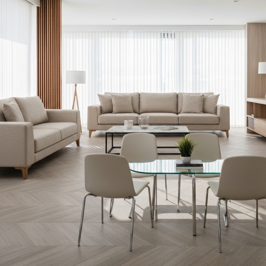 Realistic photo of a bright modern living room with beige tones mixed with a professional waiting area corner to illustrate the dual audience