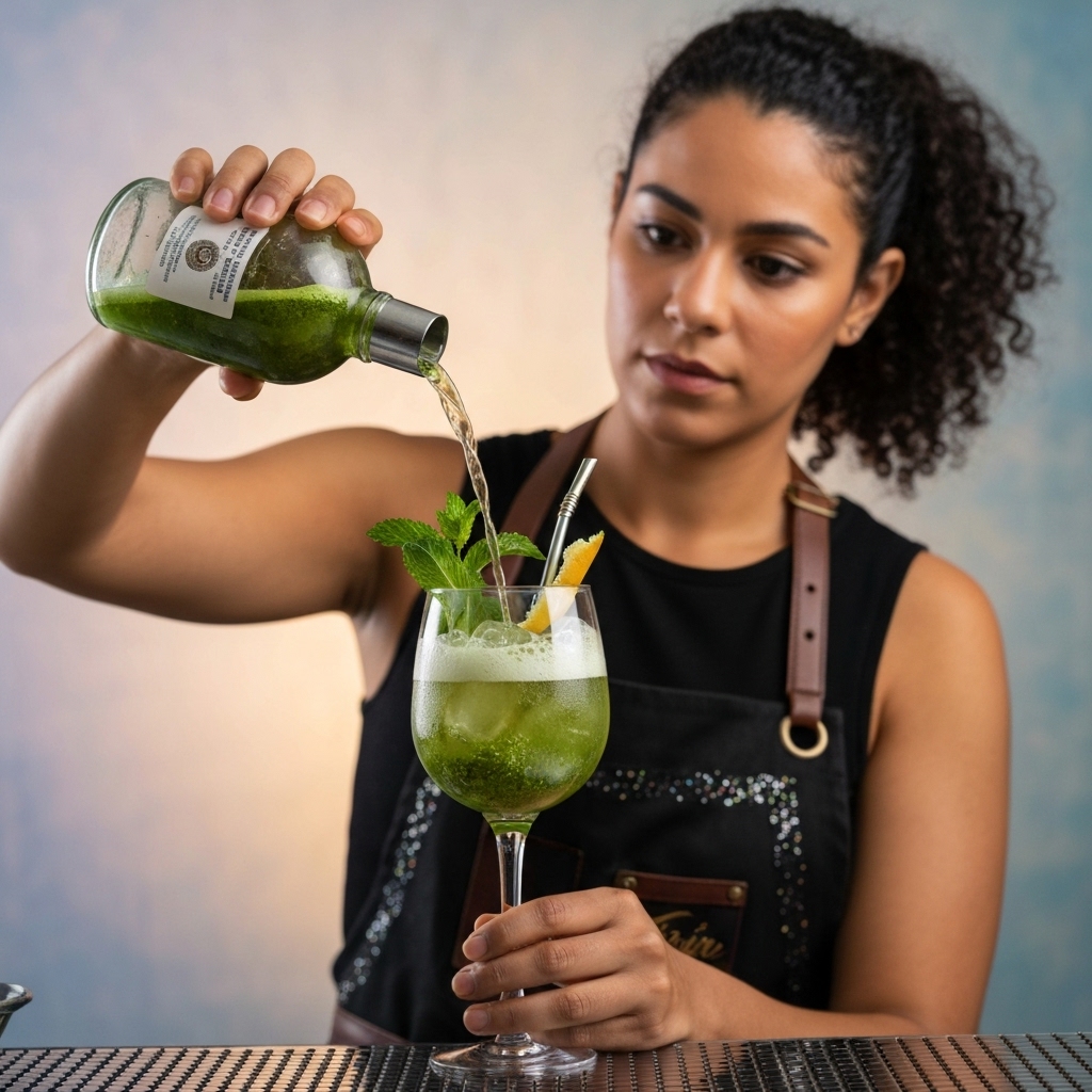 Elegant bartender pouring a sparkling mate based mocktail into a glass with creative garnish like herbs and dried lemon Elegant bartender pouring a sparkling mate based mocktail into a glass with creative garnish like herbs and dried lemon