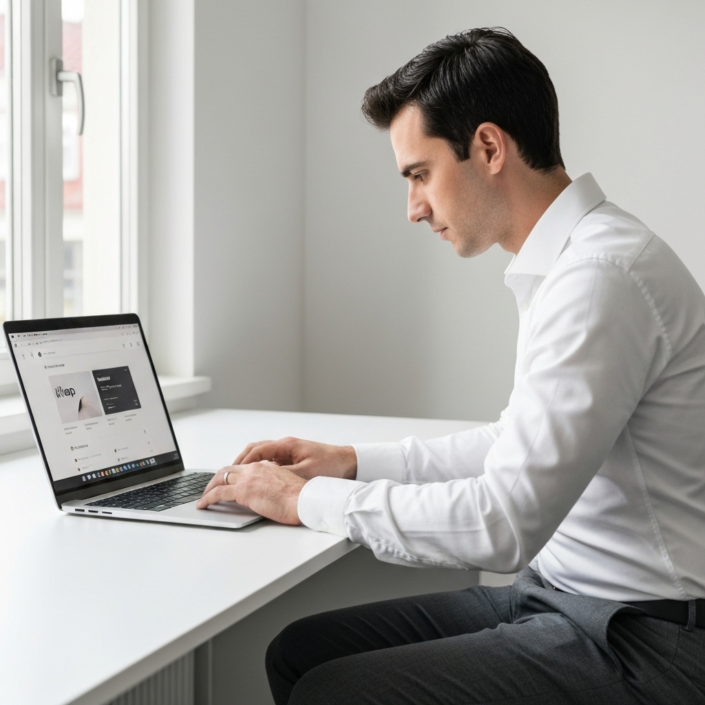 Eliott Dupuy working on a laptop with Kleap dashboard visible on screen in a modern bright office in Switzerland