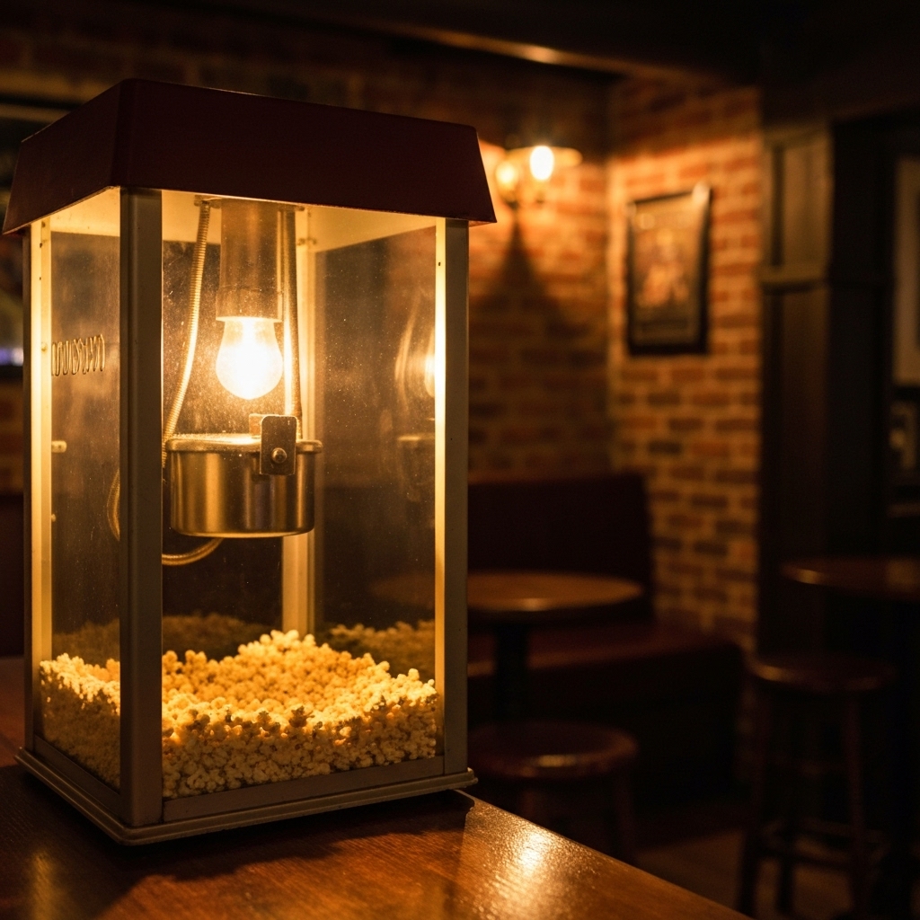 vintage popcorn machine in a dimmed pub setting