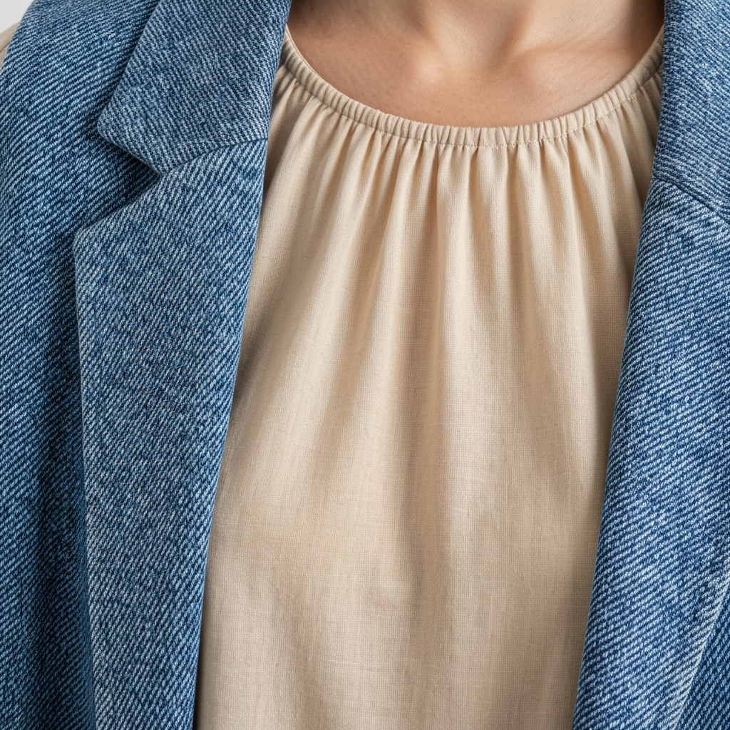 Close up detail of high quality stitching on a denim jacket and linen shirt
