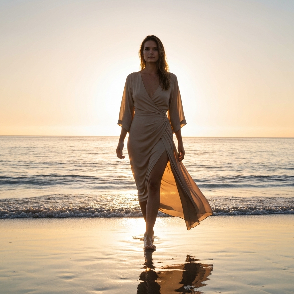 Femme marchant sur une plage californienne au coucher du soleil portant une robe fluide en lin de haute qualité
