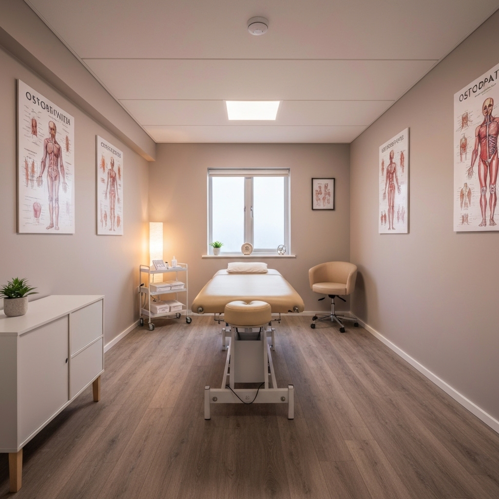 A warm and welcoming consultation room of an osteopath with anatomical charts and a comfortable treatment table, soft lighting