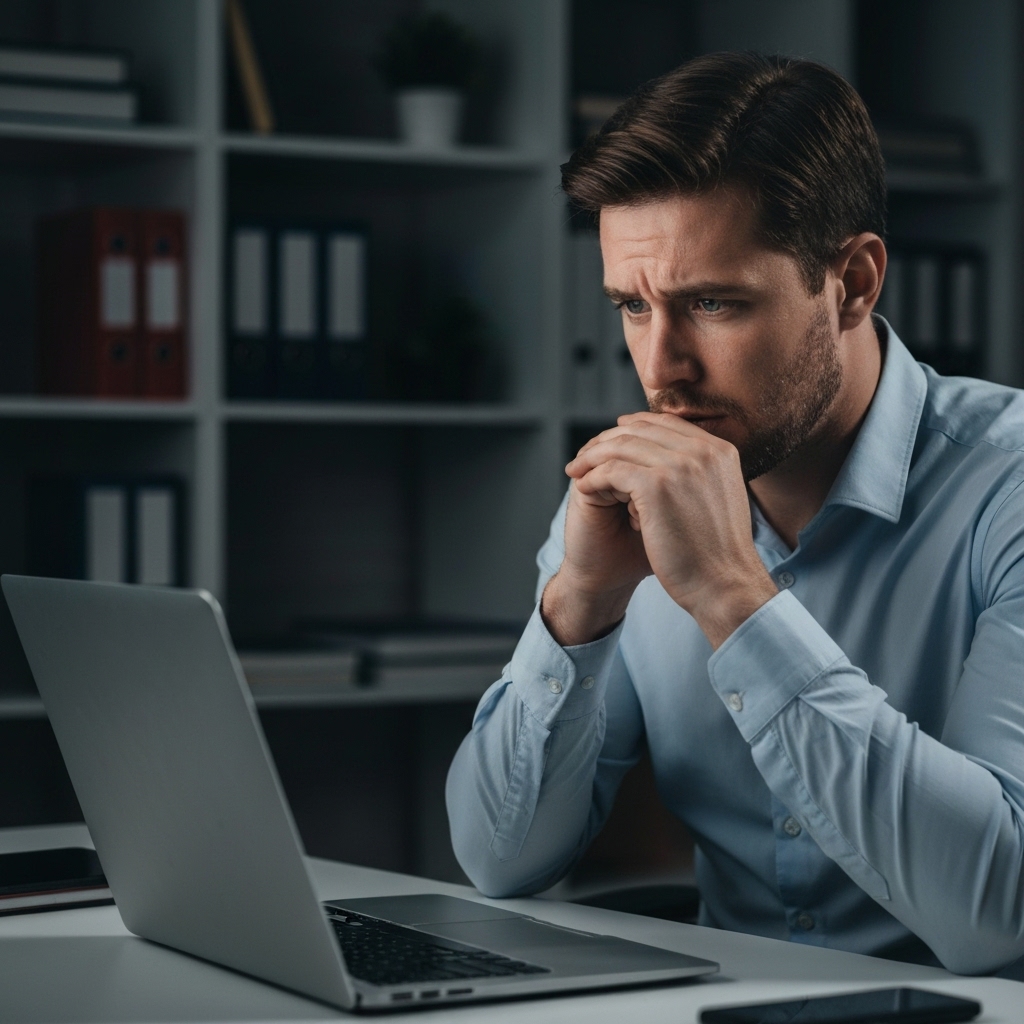 Entrepreneur looking worried at financial charts on a laptop screen late at night