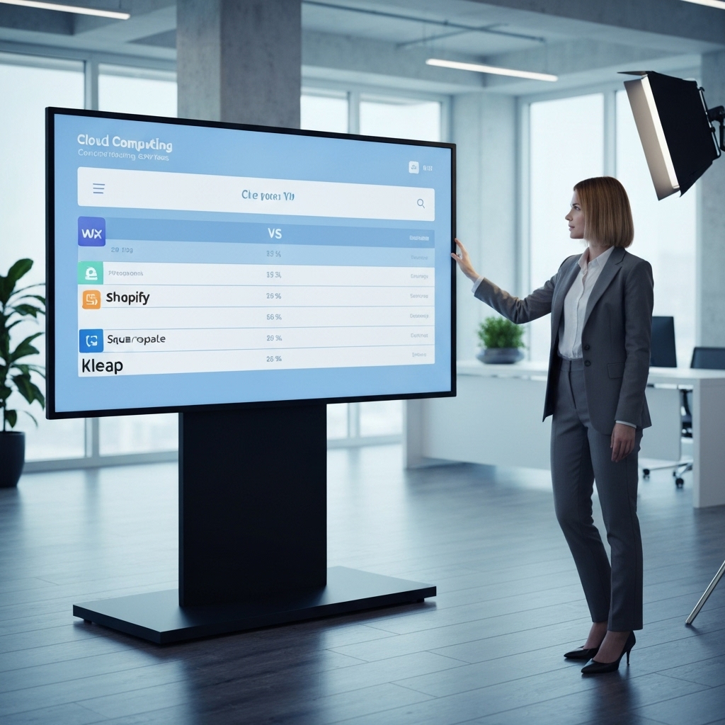 Comparison chart of website builders showing Wix, Shopify, Squarespace and Kleap logo