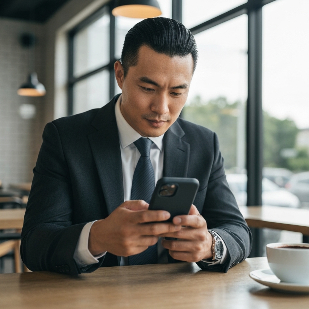 Business owner checking analytics on a mobile phone in a coffee shop
