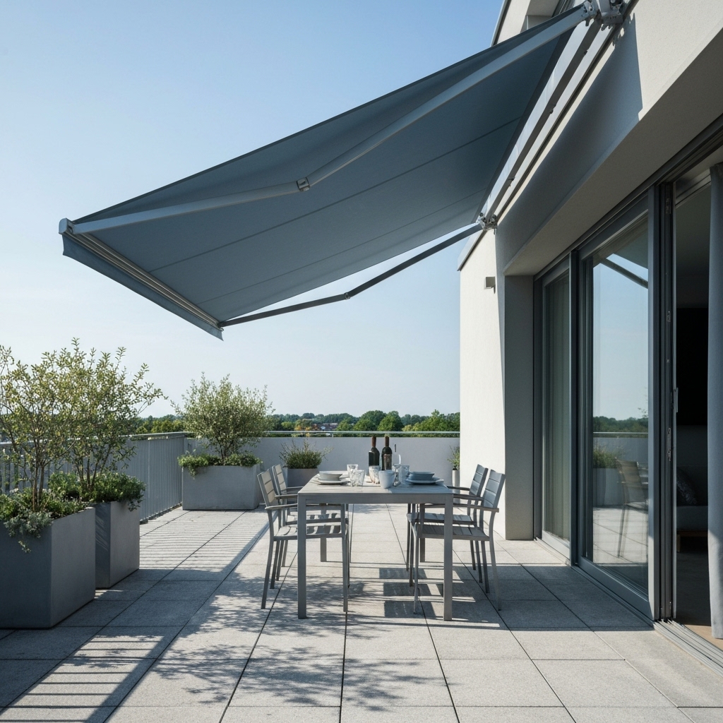 Photo réaliste d'une terrasse moderne avec un store banne déployé créant une ombre agréable sur une table de déjeuner