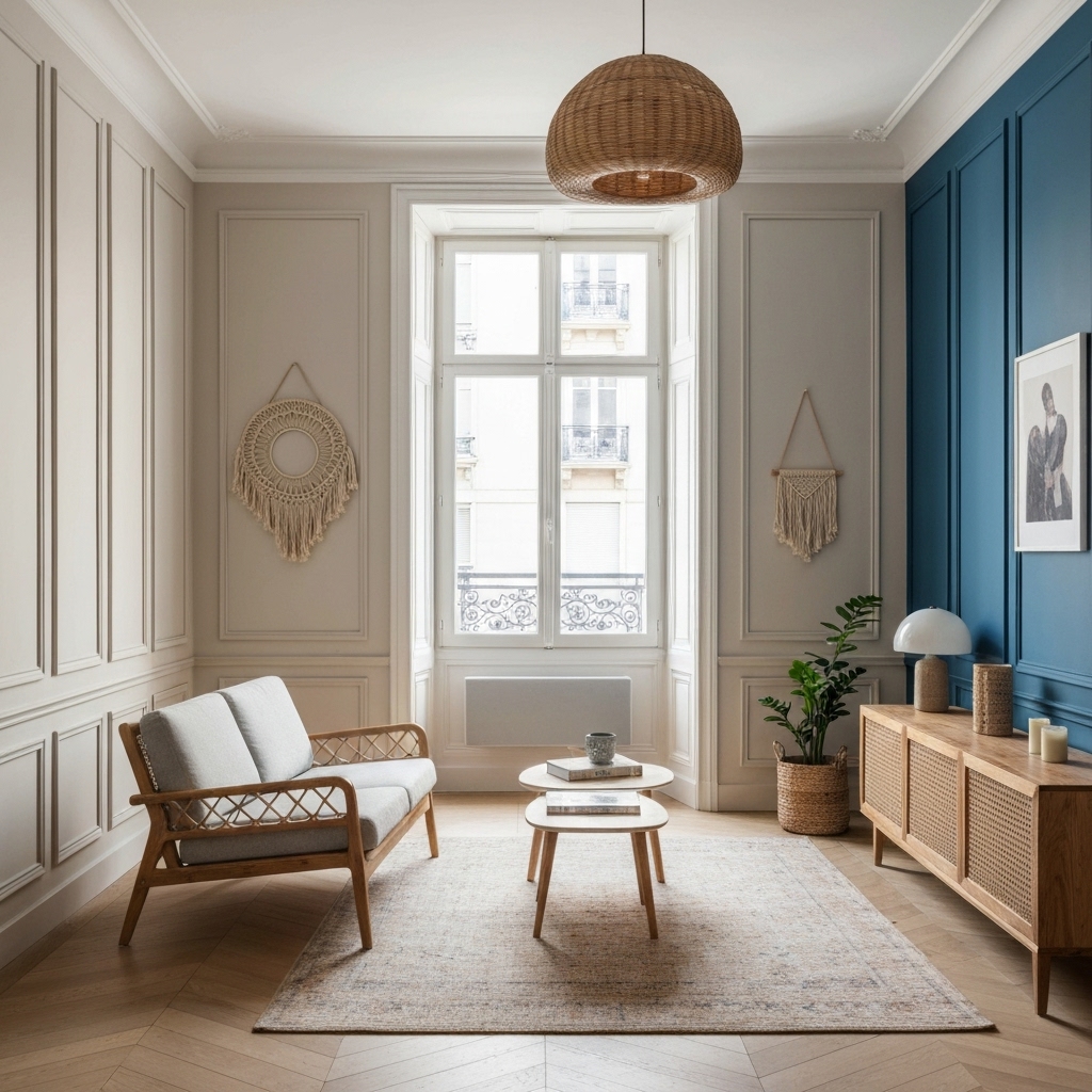 A bright living room illustrating interior decoration nantes style mixing Haussmann moldings with bohemian furniture and a peacock blue wall