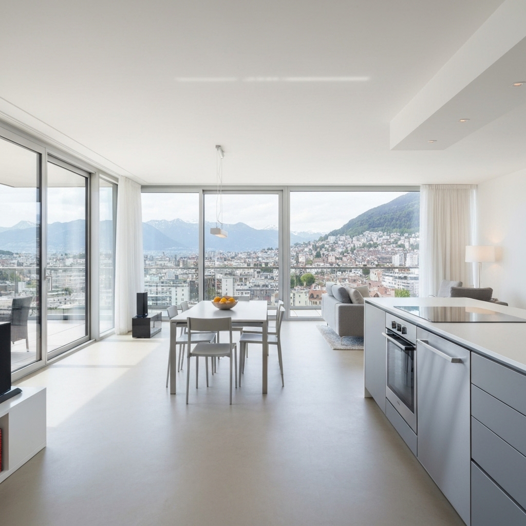 A bright, modern open-plan office in Geneva being painted with white and blue tones, professional painters covering furniture with plastic sheets, sunlight streaming through large windows.