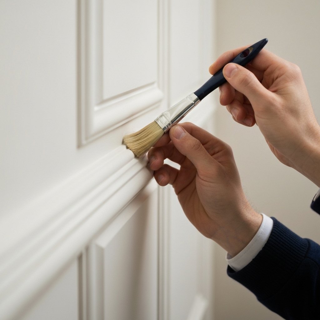 Close-up of a painter's hand using a precise brush on a molded wall trim in a luxury office, emphasizing clean lines and attention to detail.
