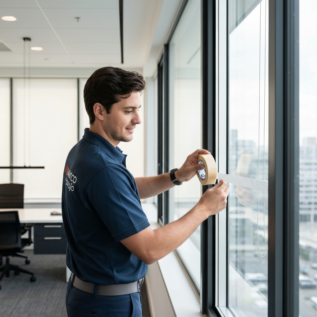 Marco Araujo team member in branded uniform applying protective tape around a window frame in an office setting.