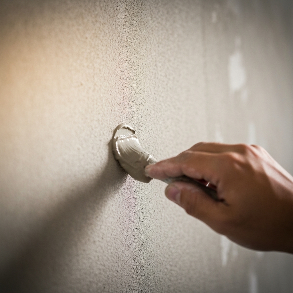 Close up of a painter hand applying mineral concrete texture on a wall being renovated