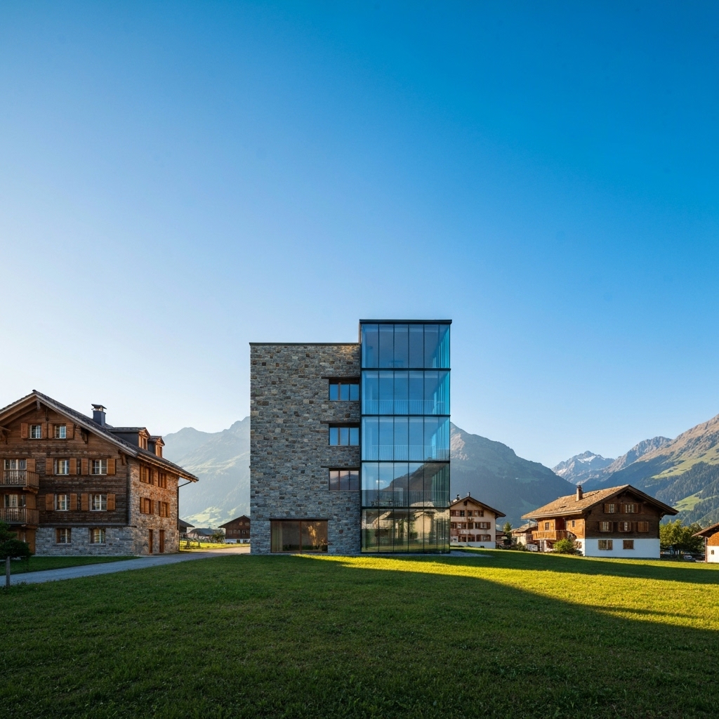 High quality compare image showing half an old house and half a modern new build house in Switzerland landscape