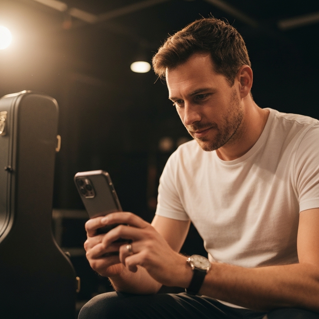 A confident musician checking their digital portfolio on a smartphone backstage