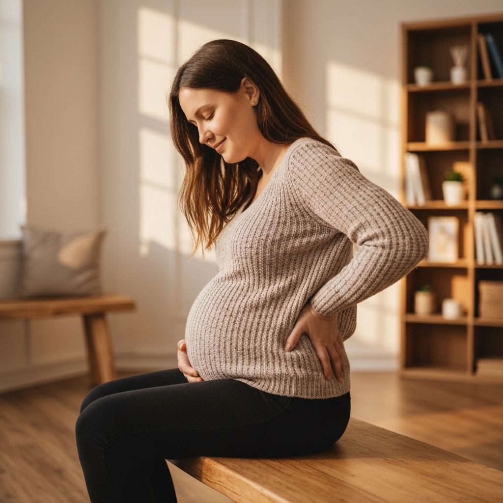 A warm, photorealistic image of a pregnant woman holding her lower back with a gentle expression of relief after therapy, sitting in a cozy wooden osteopathy practice