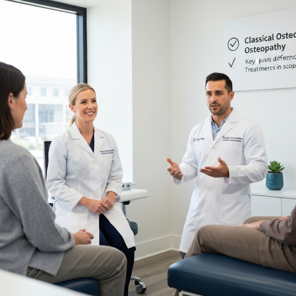 Comparison chart of Classical Osteopathy vs Integrative Osteopathy highlighting key differences in treatment scope